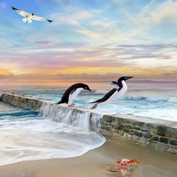 12x18 Penguin‎ Fantasy Ocean Landscape Watercolor Oil Painting Art Print - Picture 6 of 7
